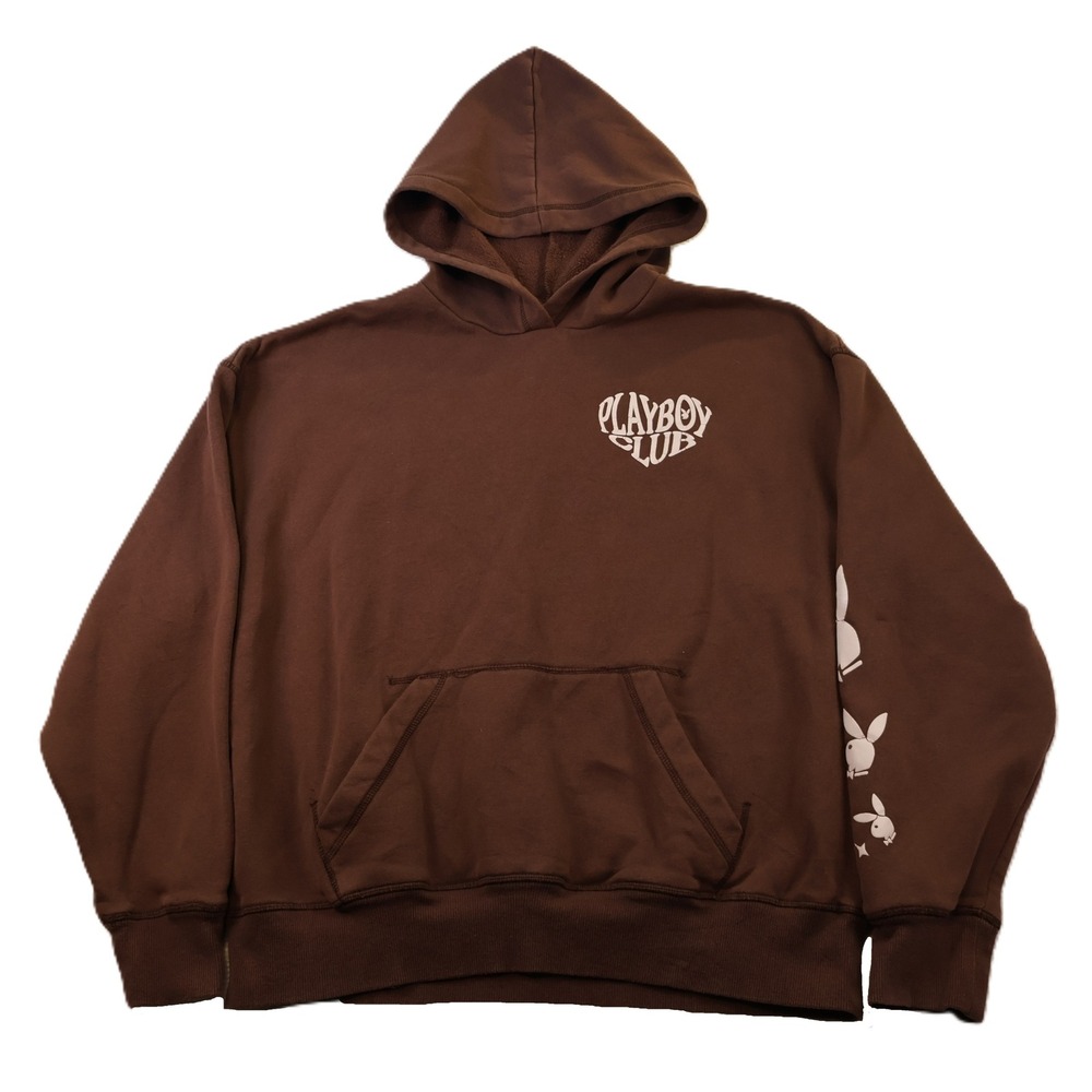 Playboy PacSun Mens Small Hoodie Brown Playboy Club Heart Graphic‎ Sleeve Logo